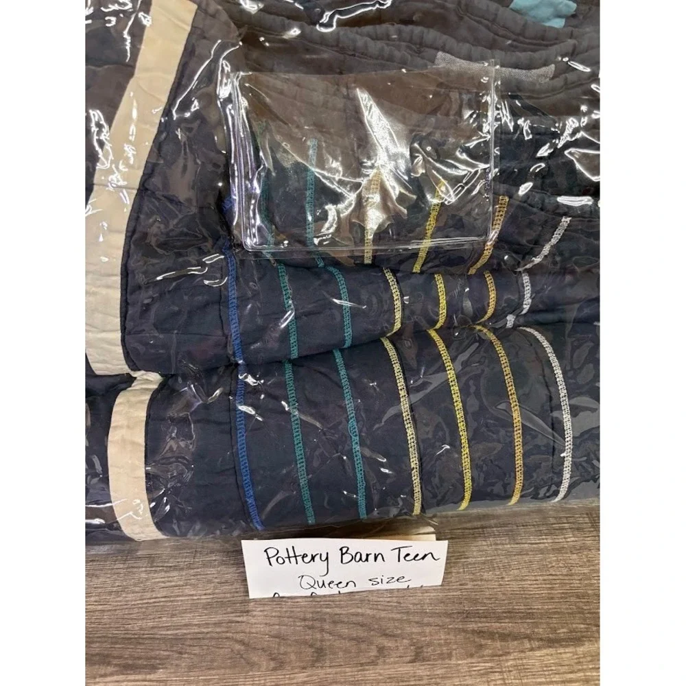Pottery Barn Teen Queen Striped Comforter Navy Blue Grey Teal Embroidered PBteen
